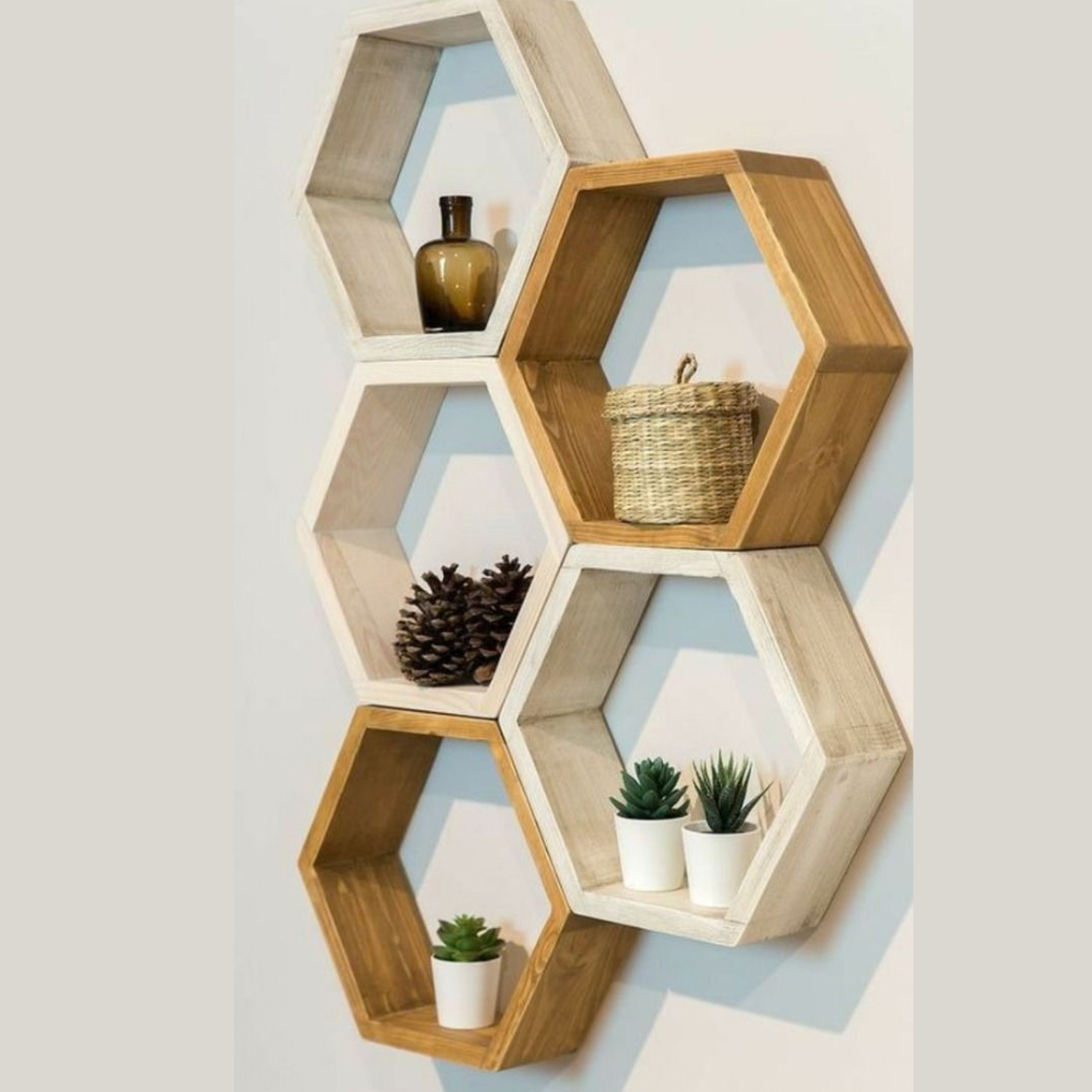 Hexagon Wooden Wall Shelves – Set of 5