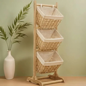 3-Tier Wooden & Woven Basket Storage Organizer