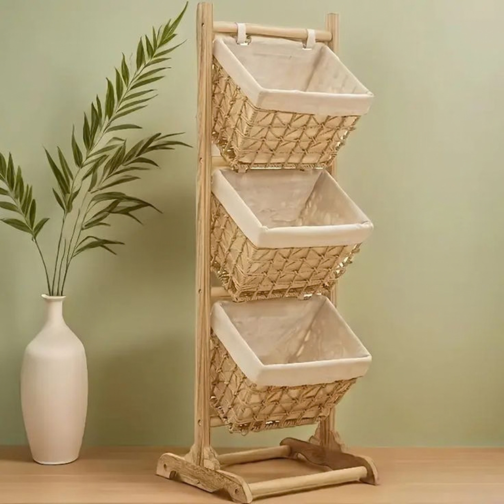 3-Tier Wooden & Woven Basket Storage Organizer