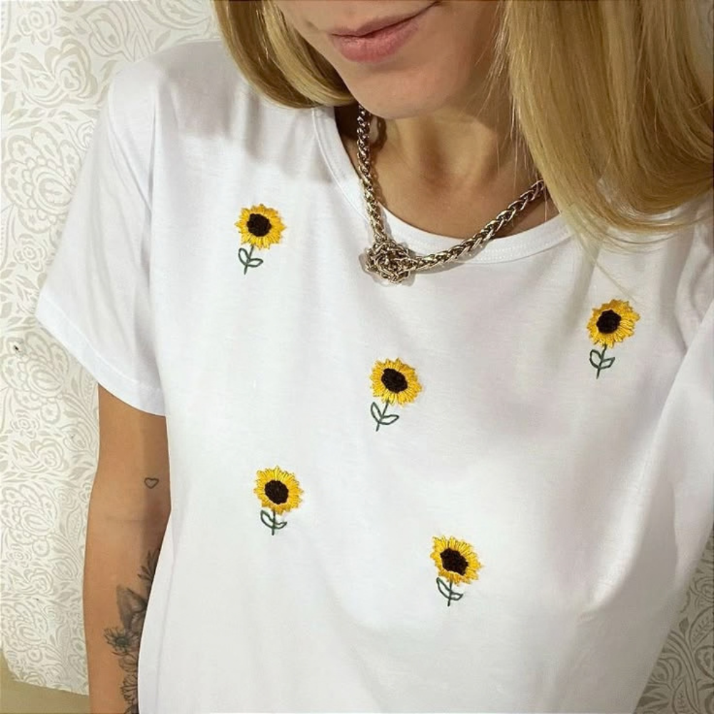Women's T-Shirt with Handmade Sunflower Crochet Design