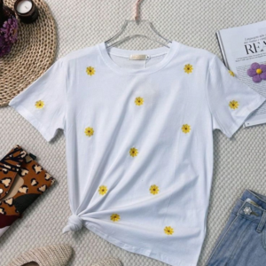 Women's T-Shirt with Handmade Sunflower Crochet Design
